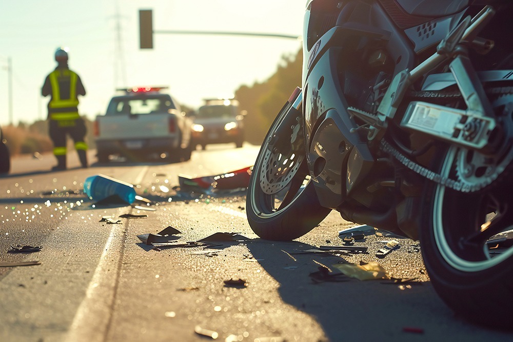 Motorcycle accident in Florida showing damage to the bike and crash site with emergency responders nearby.