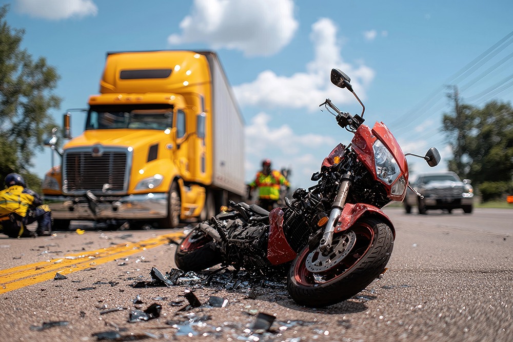 Motorcycle accident injury scene in Florida involving a rider and damaged motorcycle.